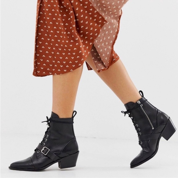 AllSaints Katy Leather Lace up Buckle strap ankle Boot Black EU 39 US 8 women’s - Picture 1 of 10